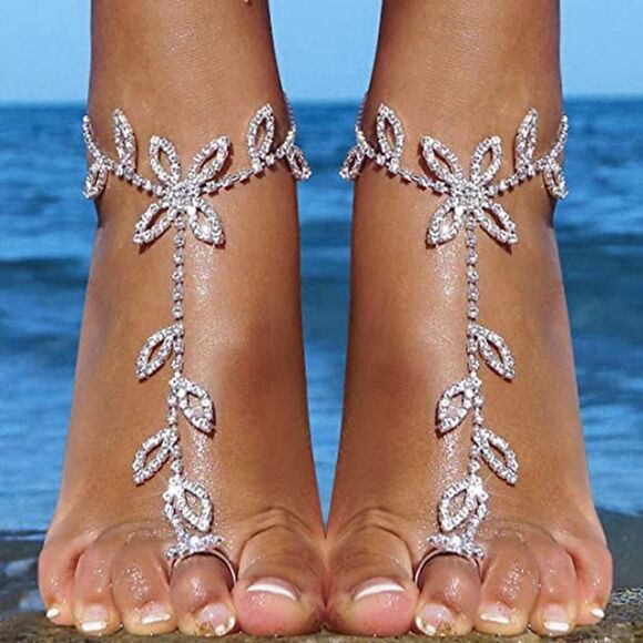 Beach Wedding Jewelry Anklet with Rhinestone Toe Ring Leaf Bridal Toe - Picture 2 of 9
